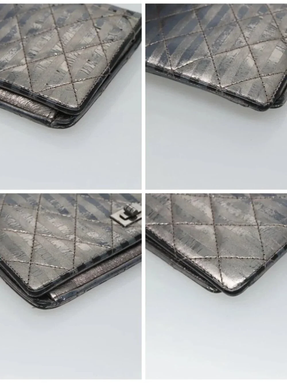 CHANEL 2.55 Matelasse Long Wallet Leather Silver CC Auth bs25537